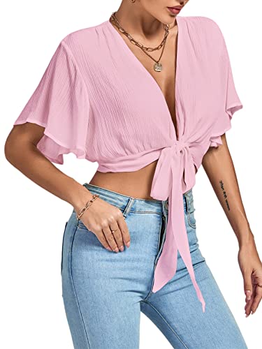 Image of LYANER Women's Sexy Deep V Neck Tie Front Wrap Cropped Blouse Bell Short Sleeve Ruffle Crop Tops
