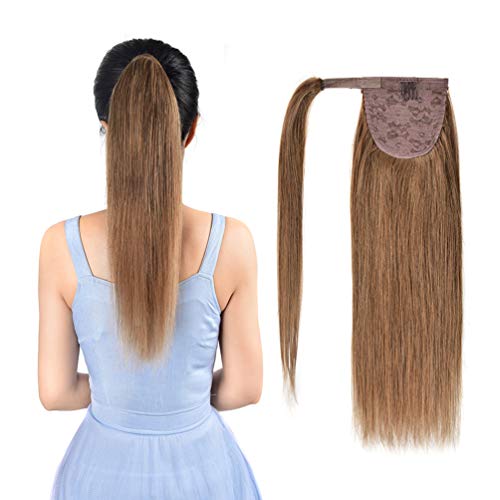 Ponytail Extension Real Human Hair Clip in 16 Inch Light Brown Color 80gram Wrap Around Drawstring Remy Ponytail Hair Piece Stright for women