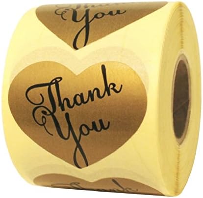 Thank You Stickers with Heart Adhesive Label 500 Per Roll 1.77" Gold Stickers