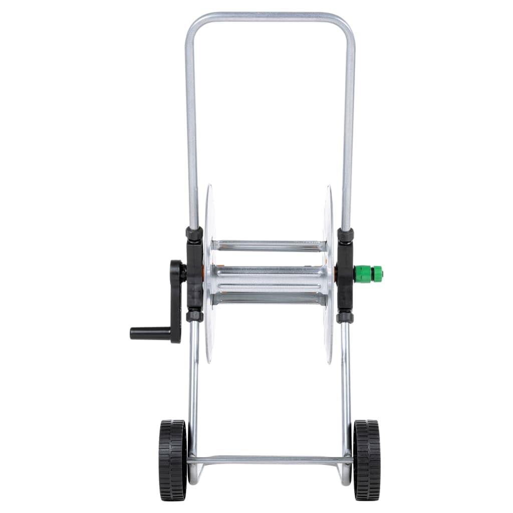 Schlauchwagen aus verzinktem Stahl für 50 m 1/2 Zoll oder 35 m 3/4 Zoll Gartenschlauch mit Kurbel, Rädern und abgewinkeltem Schlauchanschluss für Garten