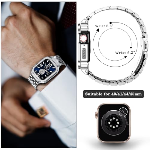Image of SUPLINK Stainless Steel Case and Bands Compatible with Men Apple Watch Band 40mm 41mm 38mm, Metal Rugged Protective Bumper for iWatch Apple Watch Series 9 8 7 6 5 4 3 2 1 SE Band, Silver