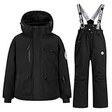 Boys Girls 2 Piece Ski Set Waterproof Windproof Insulated Hooded Jacket Plus Bib Pants Winter Snow Outfit for Kids (Black_a18, 11-12Years)