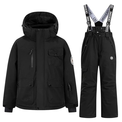 Boys Girls 2 Piece Ski Set Waterproof Windproof Insulated Hooded Jacket Plus Bib Pants Winter Snow Outfit for Kids (Black_a18, 11-12Years)