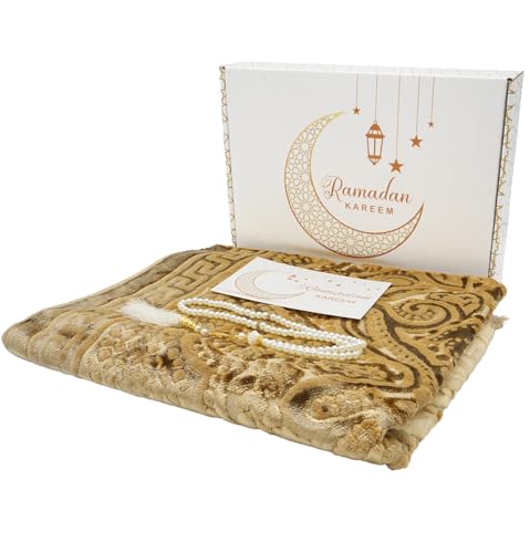 Modefa Luxury Islamic Prayer Rug in Gift Box - Deluxe Gift Set with Prayer Mat & Prayer Beads Tesbih - Soft Plush Turkish Prayer Rug for Men and Women - Ramadan or Eid Gift (Paisley Golden Yellow)