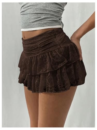 SHENHE Women's Y2k Lace Layered Mini Skirt Ruched A Line Cute Tiered Ruffle Skirt2