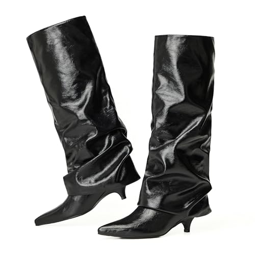 vivianly Knee High Boots for Women Wide Calf Pointed Toe Fold Over Black Boots Kitten Heel Comfortable for Dress & Daily Wear