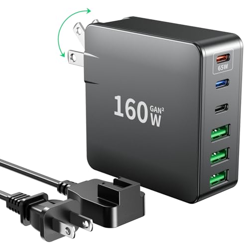 USB C Charger, 160W Fast GaN Compact Foldable Rapid Plug 6 Multiple Port PD Charging Station Laptop Power Adapter for MacBook Pro/Air and iPad Pro iPhone15/14/13. Galaxy Note20 S22 Pixel