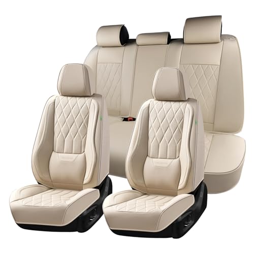 Image of FLORICH Car Seat Covers Full Set Waterproof Nappa Leather Car Seat Cover Front and Rear Car Seat Protector with Lumbar Support Automotive Seat Covers Universal Fit for Most Car Sedan Truck SUV, Beige