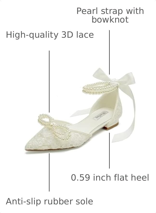 Image of Pearl Wedding Shoes for Bride Flat Lace Bride Shoes Pointed Toe Bridal Flats