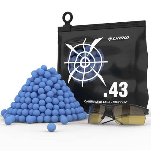 LinRui 100ct .43 Cal Paintball, New Reusable Training Soft Rubber Balls for Paintball Guns .43 Caliber Self Defense Balls Ammo, .43 Rubber Balls Ammo for T4E PPQ/ TPM1/Glock17, with Goggle (Blue)