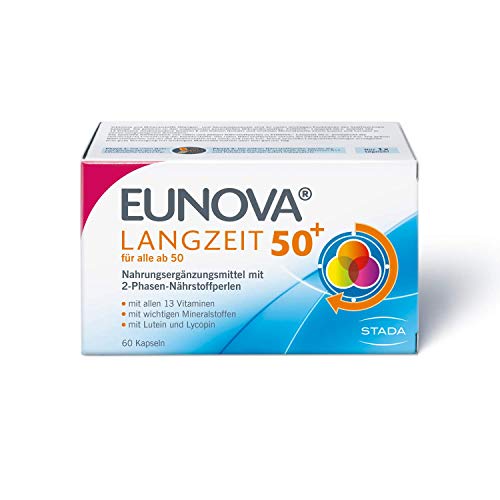 EUNOVA Langzeit 50+ - Nahrungsergänzungsmittel und Multivitamin mit Mineralstoffen, Lutein und Lycopin - speziell für Menschen ab 50 - 1 x 60 Kapseln Cover