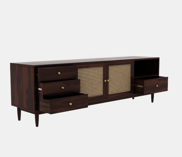 Image of MISAN Modern TV Table | Solid Sheesham Wood Sideboard TV Unit for Living Room, Bedroom, Office Furniture Stand | Wooden Free Standing Entertainment Unit Side Board Table with Storage (F-Hony)