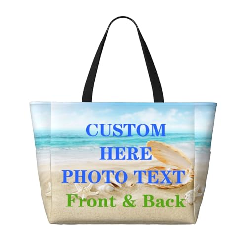 Personalized Tote Bags for Women Custom Tote Bag with Zipper Customized with Your Photo Picture Name Text for Shopping Travel Beach, Water Resistant, Large2