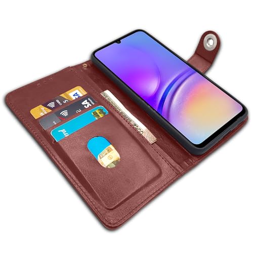 Image of Pikkme Flip Cover Leather Finish | Inside TPU with Card Pockets | Wallet Stand and Shock Proof | Complete Protection Button Flip Case for Samsung Galaxy A05 / M05 / F05 (Brown)