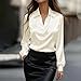 Womens V Neck Dressy Satin Blouses Collared Long Sleeve Work Tops Business Office Elegant Silky Plain Shirts(Beige,Small)
