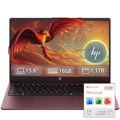 HP Ultrabook 15.6' Laptop, 16GB RAM, 1.1TB Storage (1TB OneDrive + 128GB UFS), Microsoft 365 Included, Intel 4-Core | Fast, Smart, Budget-Friendly, AI-Ready Essential no Mouse, Wine Red