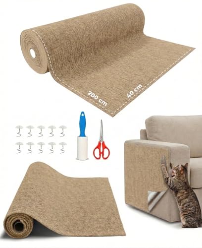 Rascador para Gatos de Sofá de 2 Metros x 40 Centímetros para Gatos – Funda Protector de Sofá Extra Grande con Rodillo Quita Pelos, Tijeras y Tornillos en Espiral (Caqui)