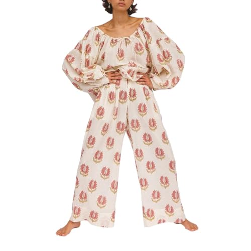 Women Ruffle Pajama Set Long Puff Sleeve Babydoll Shirt Pants Set Gingham 2 Piece Lounge Outfit Sleepwear