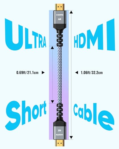 Image of Highwings Ultra‑Short HDMI Cable, 1.06ft Total Length (0.69ft Cable Length), Braided 4K HDR Cord Specially for Compact /Tight Spaces, High Speed with Ethernet ARC 3D HDCP 2.2 for Monitor PC