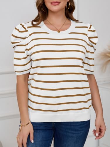 Image of Beautife Womens Plus Size Short Puff Sleeve Sweater Tops Lightweight Striped T Shirts Summer Casual Crew Neck Knit Pullover Brown