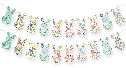 Whaline Easter Paper Banner with String 20 Pcs Vintage Floral Bunny Bunting Garland Pre-Assembled Colorful Spring Rabbit Hanging Decoration for Home Backdrop Decor Party Supplies