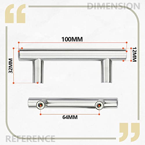 Bwintech 12 Pcs 100MM (64MM Hole Center) Satin Nickel Cabinet Pull Handles Kitchen T Bar Handles, Stainless Steel - Image 2