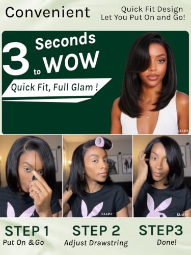 Image of KLAIYI Layered Side Bangs Bob Straight Precut 6x4 Lace Wigs Human Hair 12 inch