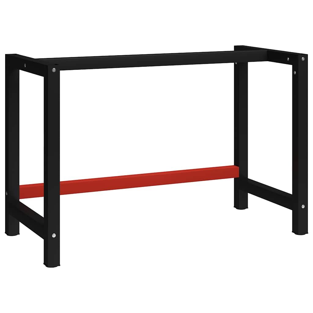 Genérico Marco de banco de trabajo de metal resistente negro y rojo 120 x 57 x 79 cm, soporte sólido con barras reforzadas para taller, superficie personalizable con agujeros pretaladrados,