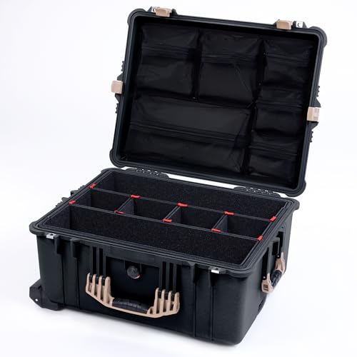 Pelican 1610 Case by ColorCase - Black - Large Sized Waterproof Case with TrekPak Divider System & Mesh Lid Organizer - Desert Tan Handles & Latches