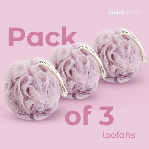Image of MainBasics Shower Loofah Sponge Pouf, Set of 3, Perfectly Pink | Soft Mesh Body Scrubber and Bath Sponge for Gentle Exfoliation, Rich Lather, and Everyday Shower Use