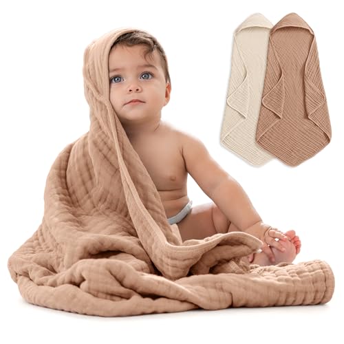 Image of Comfy Cubs Hooded Baby Towel 2-Pack, Large 32 x 32 Inch - 6 Layer 100% Muslin Cotton for Babies, Toddlers, Kids - Soft & Absorbent Baby Bath Towels - Unisex Design for Bath Time, Cedar and Sand