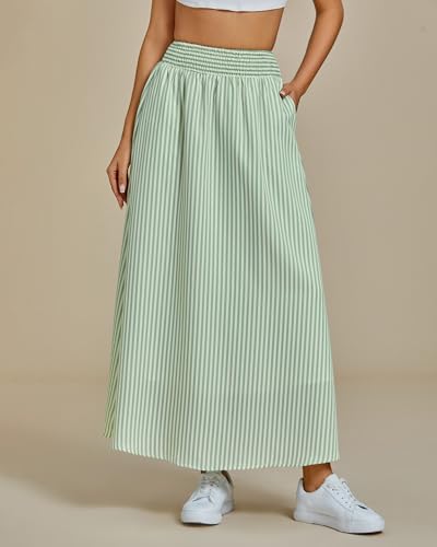 luvamia Striped Skirts for Women Maxi Long Flowy Trendy Smocked Elastic Waist Summer Beach Vacation Skirt with Pockets2