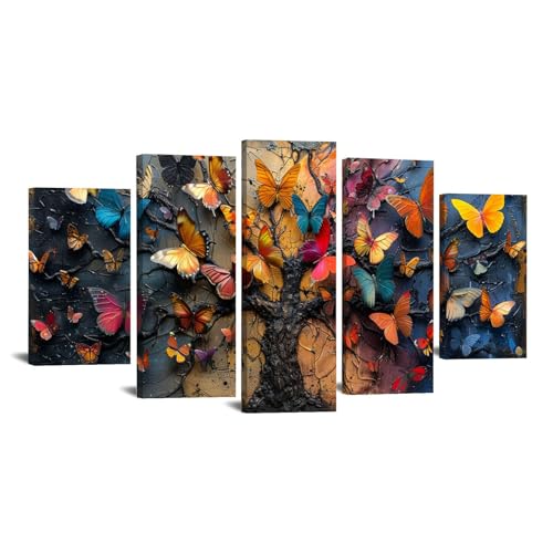 Tableau Toile Arbre De Vie JOSUE en 5 pièces coloris gris abstrait 60x125cm encadré