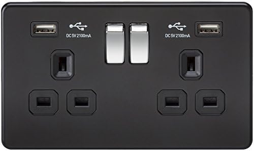 Knightsbridge SF9902MB Screwless 13A 2G Switch Socket With Dual USB Charger Matt Black W/Chrome Rocker by WIF