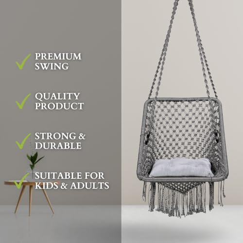 Image of Swingzy Premium Large Swing Chair Hanging Hammock Chair for Home, Indoor, Outdoor, Patio, Balcony, Garden /Jhula for Adults /Free Accessories Included (Rectangle Grey)