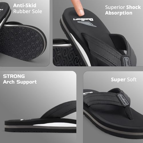 Image of Duosoft Men's Slipper Flip Flops, Black, Anti-Skid Rubber Sole, Superior Shock Absorption, Strong Arch Support, Super Soft