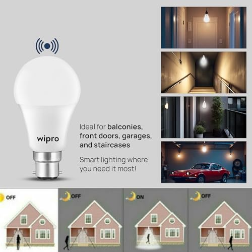 Image of wipro Garnet 9W Motion Sensor LED Bulb for Modern Home | 4 Meter Radius Sensor Area | Auto Off After 60 Seconds Inactivity | Cool Day White (6500K) | Pack of 4