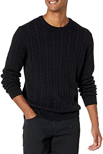 Amazon Essentials Men's Crewneck Cable Cotton Sweater, Black, Large