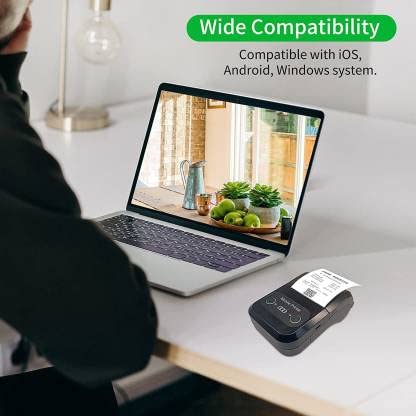 Milestone MPT-II printer next to a laptop, indicating wide compatibility with iOS, Android, and Windows systems.