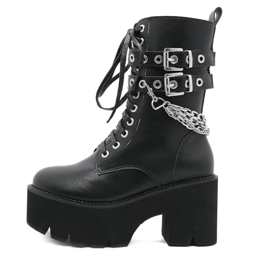 Image of Parisuit Womens Goth Patent Ankle Boots Platform Chunky Combat Boots | Lace Up, Gothic Boots, High Heel, Punk Short Booties, Buckle Boots, Chain Boots