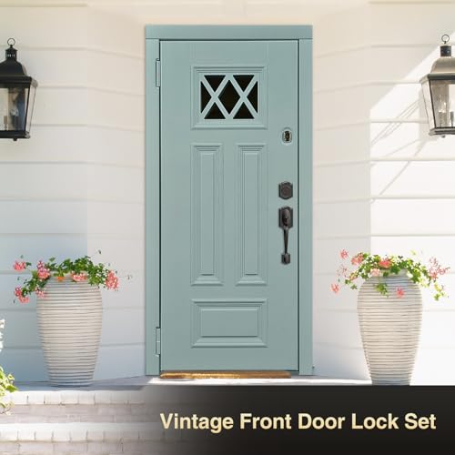Image of Front Door Lock Set, Black Front Door Handle and Deadbolt Set, Vintage Exterior Door Lock Set, Front Door Handle with Single Cylinder, Reversible for Right & Left, Matte Black