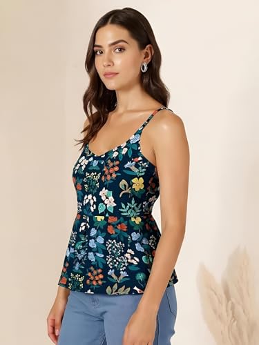 Image of Pinkmint Women Pure Cambric Cotton Printed Peplum Top | Sleeveless Spaghetti Strap Summer Casual Top for Women & Girls