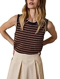 Hongsui Women's Striped Color Block Sweater Vest Ribbed Knit Tank Tops Oversized Crewneck Pullover (Coffee-M)