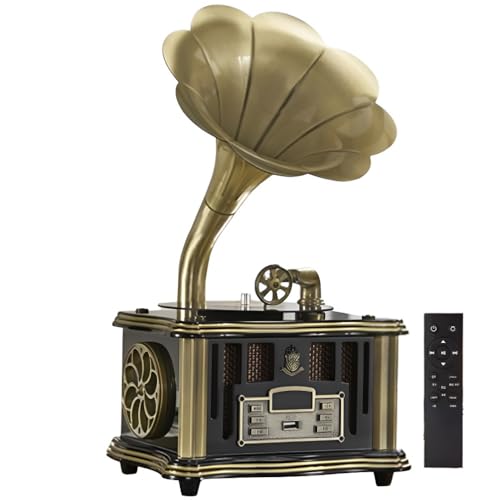 Gramophone Vintage Rétro Idée Cadeau Originale, Mini Enceinte Bluetooth Rechargeable USB-C