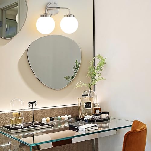 Image of Bathroom Light Fixtures 14in 2-Light Brushed Nickel Vanity Light for Mirror | Bathroom Lighting Fixtures over Mirror, ETL, Brushed Brass Wall Sconce, Dimmable E12 Base Max 60W, Milky Glass Ball Shades