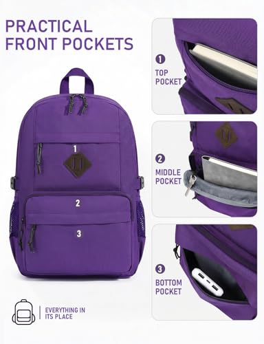 Image of Kasqo School Backpack, 20L Dual Compartment Bookbag for Girls Teens, Purple | 20L, Machine Washable, Water-Resistant, Fit 15.6 Inch Laptop, Dual Main Compartment, 8 Pockets, Side Compression Buckles