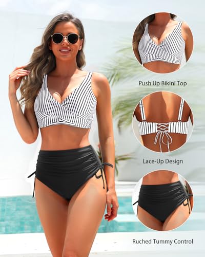 Image of Aqua Eve Women High Waisted Bikini Twist Front Swimsuits Lace up Bikini Tops Ruched Push up 2 Piece Bathing Suits