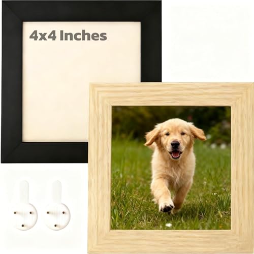 Image of 4×4" Photo Frame 2 Pack 10x10cm Black and Wood Grain Picture Frames Small Photo Frames Square Picture Frame for Wall Mount, Desk Stand, Gallery Wall, Postcards, Home Room Decor