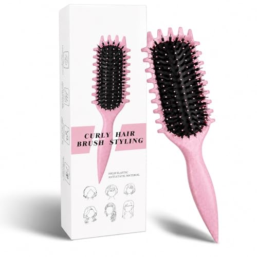 Image of Curly Curved Vented Hair Brush for Women & Men | Hollow Airflow Comb | Flexible Detangling Bristles with Comfortable Grip Handle | Blow-Dry Support & Scalp Massage Brush - Pink