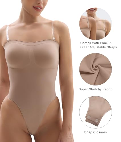 SHAPERX Body feminino sem alças com controle de barriga, modelador sem costura, com alças removíveis
